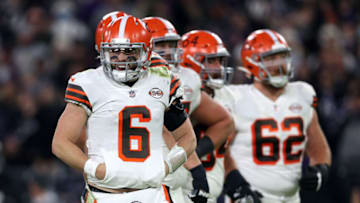 BALTIMORE, MARYLAND - NOVEMBER 28: Quarterback Baker Mayfield #6 of the Cleveland Browns looks on after being sacked against the Baltimore Ravens in the second half at M&T Bank Stadium on November 28, 2021 in Baltimore, Maryland. (Photo by Rob Carr/Getty Images)