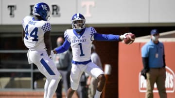 Oct 17, 2020; Knoxville, TN, USA; Kentucky defensive back Kelvin Joseph (1) celebrates a touchdown, during the second quarter of a game between Tennessee and Kentucky at Neyland Stadium in Knoxville, Tenn. on Saturday, Oct. 17, 2020. Mandatory Credit: Calvin Mattheis-USA TODAY NETWORK