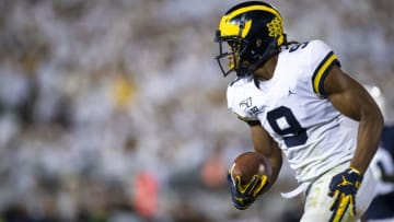 UNIVERSITY PARK, PA - OCTOBER 19: Donovan Peoples-Jones #9 of the Michigan Wolverines returns a punt during the third quarter against the Penn State Nittany Lions on October 19, 2019 at Beaver Stadium in University Park, Pennsylvania. Penn State defeats Michigan 28-21. (Photo by Brett Carlsen/Getty Images)