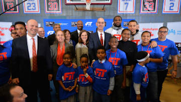 Adam Silver Commissioner of the NBA poses for a photograph along with Michelle Roberts NBA Players union chief (Photo by Jesse D. Garrabrant/NBAE via Getty Images)