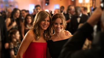 Jennifer Aniston and Reese Witherspoon in “The Morning Show,” premiering November 1 on Apple TV+... Image Courtesy Apple TV+