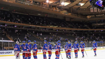 Apr 17, 2021; New York, New York, USA; The New York Rangers celebrate a 6-3 victory over the New Jersey Devils at Madison Square Garden. Mandatory Credit: POOL PHOTOS-USA TODAY Sports