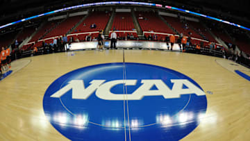 RALEIGH, NC - MARCH 21: A view of the NCAA logo during the Second Round of the 2014 NCAA Basketball Tournament at PNC Arena on March 21, 2014 in Raleigh, North Carolina. (Photo by Lance King/Getty Images)