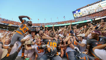 Sep 24, 2016; Knoxville, TN, USA; The Tennessee Volunteers celebrate after a victory over the Florida Gators at Neyland Stadium. Tennessee won 38 to 28. Mandatory Credit: Randy Sartin-USA TODAY Sports