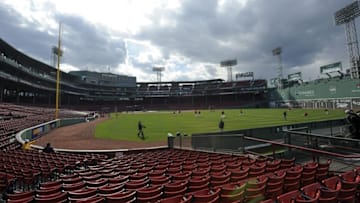 Apr 19, 2016; Boston, MA, USA; General view of Fenway Park while the Boston Red Sox take batting practice prior to a game against the Tampa Bay Rays. Mandatory Credit: Bob DeChiara-USA TODAY Sports