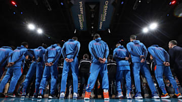NOVEMBER 9: The OKC Thunder stand during the National Anthem before the game against the Golden State Warriors on November 9, 2019 (Photo by Zach Beeker/NBAE via Getty Images)