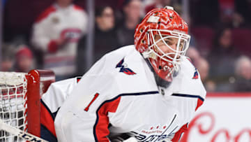 MONTREAL, QC - MARCH 24: Look on Washington Capitals Goalie Pheonix Copley (1) at warm-up before the Washington Capitals versus the Montreal Canadiens game on March 24, 2018, at Bell Centre in Montreal, QC (Photo by David Kirouac/Icon Sportswire via Getty Images)