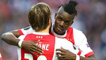 STOCKHOLM, SWEDEN - MAY 24: Lasse Schone of Ajax and Davinson Sanchez of Ajax embrace prior to the UEFA Europa League Final between Ajax and Manchester United at Friends Arena on May 24, 2017 in Stockholm, Sweden. (Photo by Dean Mouhtaropoulos/Getty Images)