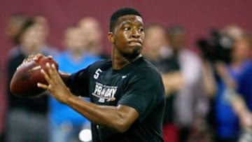 Mar 31, 2015; Tallahassee, FL, USA; Florida State Seminoles quarterback Jameis Winston throws during FSU Football Pro Day at the Albert J. Dunlap Athletic Training Facility. Mandatory Credit: Phil Sears-USA TODAY Sports