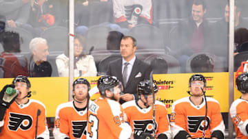 PHILADELPHIA, PA - OCTOBER 09: Philadelphia Flyers head coach Alain Vigneault looks on during the game between the New Jersey Devils and the Philadelphia Flyers on October 9, 2019, at the Wells Fargo Center in Philadelphia, PA. (Photo by Andy Lewis/Icon Sportswire via Getty Images)