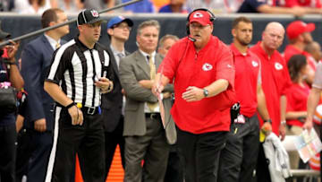 Sep 18, 2016; Houston, TX, USA; Kansas City Chiefs head coach Andy Reid attempts to call a timeout during the third quarter against the Houston Texans at NRG Stadium. Mandatory Credit: Erik Williams-USA TODAY Sports