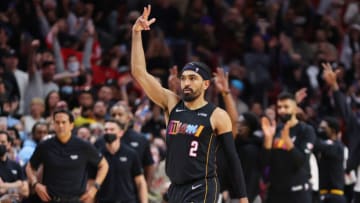 Gabe Vincent #2 of the Miami Heat celebrates a three pointer against the Los Angeles Lakers(Photo by Michael Reaves/Getty Images)
