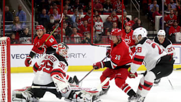 RALEIGH, NC - APRIL 4: of the Carolina Hurricanes of the New Jersey Devils during an NHL game at PNC Arena on April 4, 2019, in Raleigh, North Carolina. (Photo by Gregg Forwerck/NHLI via Getty Images)