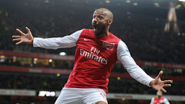 LONDON, ENGLAND - JANUARY 09: Thierry Henry celebrates scoring the Arsenal goal during the FA Cup Third Round match between Arsenal and Leeds United at Emirates Stadium on January 9, 2012 in London, England. (Photo by Stuart MacFarlane/Arsenal FC via Getty Images)