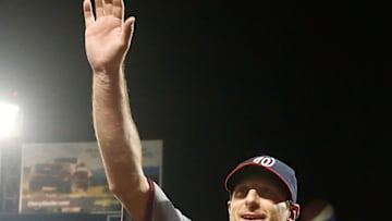 NEW YORK, NY - OCTOBER 03: (NEW YORK DAILIES OUT) Max Scherzer #31 of the Washington Nationals celebrates his no hitter against the New York Mets at Citi Field on October 3, 2015 in the Flushing neighborhood of the Queens borough of New York City. The Nationals defeated the Mets 2-0. (Photo by Jim McIsaac/Getty Images)