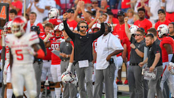 LUBBOCK, TX - SEPTEMBER 15: Head coach Kliff Kingsbury of the Texas Tech Red Raiders reacts to a defensive stop in the second half during the game against the Houston Cougars on September 15, 2018 at Jones AT&T Stadium in Lubbock, Texas. Texas Tech won the game 63-49. (Photo by John Weast/Getty Images)