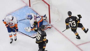 LAS VEGAS, NV - DECEMBER 20: Brandon Pirri #73 of the Vegas Golden Knights celebrates after scoring a goal during the second period against the New York Islanders at T-Mobile Arena on December 20, 2018 in Las Vegas, Nevada. (Photo by Jeff Bottari/NHLI via Getty Images)