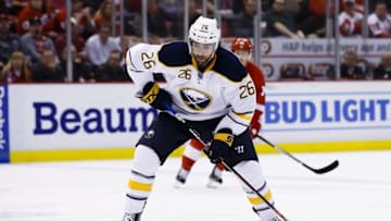 Mar 28, 2016; Detroit, MI, USA; Buffalo Sabres left wing Matt Moulson (26) skates with the puck in the third period against the Detroit Red Wings at Joe Louis Arena. Detroit won 3-2. Mandatory Credit: Rick Osentoski-USA TODAY Sports