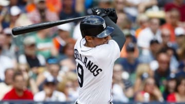 Jun 5, 2016; Detroit, MI, USA; Detroit Tigers third baseman Nick Castellanos (9) hits an RBI single in the fifth inning against the Chicago White Sox at Comerica Park. Mandatory Credit: Rick Osentoski-USA TODAY Sports