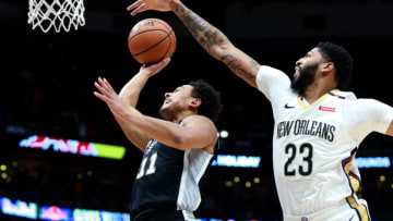 NEW ORLEANS, LOUISIANA - NOVEMBER 19: Bryn Forbes #11 of the San Antonio Spurs shoots over Anthony Davis #23 of the New Orleans Pelicans at the Smoothie King Center on November 19, 2018 in New Orleans, Louisiana. (Photo by Sean Gardner/Getty Images)