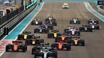 ABU DHABI, UNITED ARAB EMIRATES - DECEMBER 01: Lewis Hamilton of Great Britain driving the (44) Mercedes AMG Petronas F1 Team Mercedes W10 leads the field at the start during the F1 Grand Prix of Abu Dhabi at Yas Marina Circuit on December 01, 2019 in Abu Dhabi, United Arab Emirates. (Photo by Mark Thompson/Getty Images)