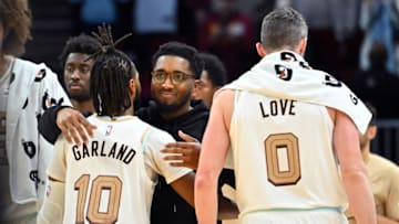 CLEVELAND, OHIO - NOVEMBER 13: Darius Garland #10 celebrates with Donovan Mitchell #45 of the Cleveland Cavaliers during the fourth quarter against the Minnesota Timberwolves at Rocket Mortgage Fieldhouse on November 13, 2022 in Cleveland, Ohio. NOTE TO USER: The Timberwolves defeated the Cavaliers 129-124. User expressly acknowledges and agrees that, by downloading and or using this photograph, User is consenting to the terms and conditions of the Getty Images License Agreement. (Photo by Jason Miller/Getty Images)
