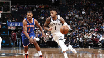BROOKLYN, NY - OCTOBER 8: D'Angelo Russell #1 of the Brooklyn Nets handles the ball against the New York Knicks during a preseason game on October 8, 2017 at Barclays Center in Brooklyn, New York. NOTE TO USER: User expressly acknowledges and agrees that, by downloading and or using this Photograph, user is consenting to the terms and conditions of the Getty Images License Agreement. Mandatory Copyright Notice: Copyright 2017 NBAE (Photo by Nathaniel S. Butler/NBAE via Getty Images)