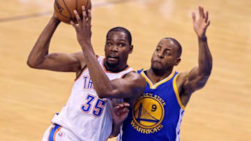 May 24, 2016; Oklahoma City, OK, USA; Oklahoma City Thunder forward Kevin Durant (35) drives to the basket as Golden State Warriors forward Andre Iguodala (9) defends during the second half in game four of the Western conference finals of the NBA Playoffs at Chesapeake Energy Arena. Mandatory Credit: Kevin Jairaj-USA TODAY Sports