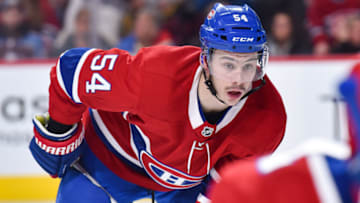 MONTREAL, QC - JANUARY 23: Look on Montreal Canadiens Winger Charles Hudon (54) during the Colorado Avalanche versus the Montreal Canadiens game on January 23, 2018, at Bell Centre in Montreal, QC (Photo by David Kirouac/Icon Sportswire via Getty Images)
