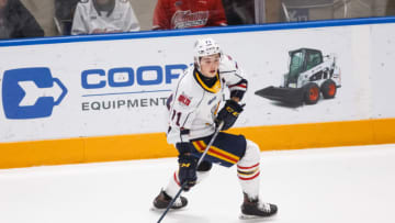 OSHAWA, ON - JANUARY 26: Tyson Foerster #71 of the Barrie Colts skates with the puck during an OHL game against the Oshawa Generals at the Tribute Communities Centre on January 26, 2020 in Oshawa, Ontario, Canada. (Photo by Chris Tanouye/Getty Images)