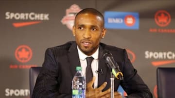 Jan 13, 2014; Toronto, Ontario, Canada; Toronto FC new player Jermain Defoe is introduced during a press conference at Real Sports Bar and Grill. Mandatory Credit: Tom Szczerbowski-USA TODAY Sports