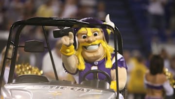 MINNEAPOLIS - AUGUST 10: The Minnesota Vikings new mascot Viktor drives onto the field prior to the game against the St. Louis Rams at the Hubert H. Humphrey Metrodome August 10, 2007 in Minneapolis, Minnesota. (Photo by David Sherman/Getty Images)