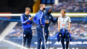 Marc Albrighton, Wes Morgan, Johnny Evans and Jamie Vardy of Leicester City (Photo by Peter Powell/Pool via Getty Images)