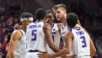 MANHATTAN, KS - NOVEMBER 12: Kansas State Wildcats players huddle after a foul against the Denver Pioneers during the second half on November 12, 2018 at Bramlage Coliseum in Manhattan, Kansas. (Photo by Peter Aiken/Getty Images)