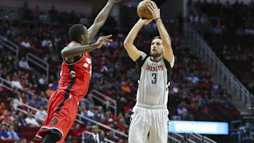 Nov 23, 2016; Houston, TX, USA; Houston Rockets forward Ryan Anderson (3) shoots the ball as Toronto Raptors forward Pascal Siakam (43) defends during the first quarter at Toyota Center. Mandatory Credit: Troy Taormina-USA TODAY Sports