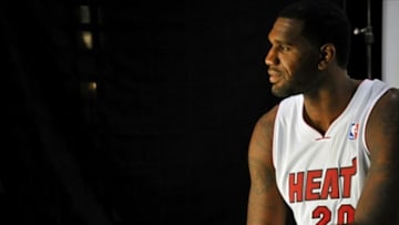 Sep 30, 2013; Miami, FL, USA; Miami Heat center Greg Oden (20) during media day at American Airlines Arena. Mandatory Credit: Steve Mitchell-USA TODAY Sports
