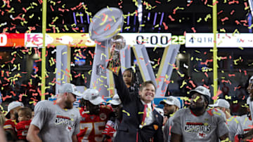 MIAMI, FLORIDA - FEBRUARY 02: President Mark Donovan of the Kansas City Chiefs celebrates with the Vince Lombardi Trophy after defeating the San Francisco 49ers 31-20 in Super Bowl LIV at Hard Rock Stadium on February 02, 2020 in Miami, Florida. (Photo by Jamie Squire/Getty Images)