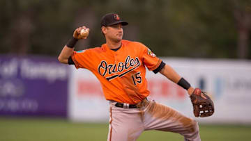 Mar 18, 2016; Tampa, FL, USA; Baltimore Orioles shortstop Paul Janish (15) in action during the game against the New York Yankees at George M. Steinbrenner Field. The Orioles defeat the Yankees 11-2. Mandatory Credit: Jerome Miron-USA TODAY Sports