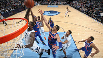 MEMPHIS, TN - NOVEMBER 25: Mitchell Robinson #26 and Enes Kanter #00 of the New York Knicks go for a rebound during the game against the Memphis Grizzlies on November 25, 2018 at FedExForum in Memphis, Tennessee. NOTE TO USER: User expressly acknowledges and agrees that, by downloading and/or using this photograph, user is consenting to the terms and conditions of the Getty Images License Agreement. Mandatory Copyright Notice: Copyright 2018 NBAE (Photo by Joe Murphy/NBAE via Getty Images)