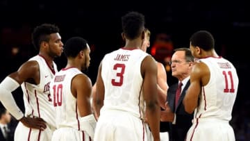 Apr 2, 2016; Houston, TX, USA; Oklahoma Sooners head coach Lon Kruger talks to his team during the second half against the Villanova Wildcats in the 2016 NCAA Men