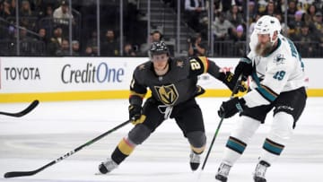 LAS VEGAS, NEVADA - NOVEMBER 21: Joe Thornton #19 of the San Jose Sharks passes the puck against Cody Eakin #21 of the Vegas Golden Knights in the third period of their game at T-Mobile Arena on November 21, 2019 in Las Vegas, Nevada. The Sharks defeated the Golden Knights 2-1 in overtime. (Photo by Ethan Miller/Getty Images)