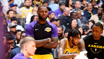 LOS ANGELES, CA - OCTOBER 4: LeBron James #23 of the Los Angeles Lakers looks on against the Sacramento Kings during a pre-season game on October 4, 2018 at STAPLES Center in Los Angeles, California. NOTE TO USER: User expressly acknowledges and agrees that, by downloading and/or using this Photograph, user is consenting to the terms and conditions of the Getty Images License Agreement. Mandatory Copyright Notice: Copyright 2018 NBAE (Photo by Andrew D. Bernstein/NBAE via Getty Images)