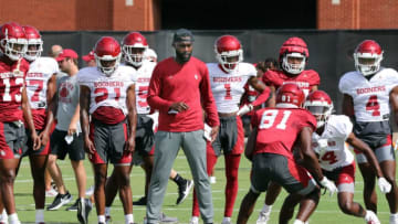 New interim coach LÕDamian Washington is seen during drills as the University of Oklahoma Sooners (OU ) hold fall football camp outside Gaylord Family/Oklahoma Memorial Stadium on Aug. 8, 2022 in Norman, Okla. [Steve Sisney/For The Oklahoman]Ou Fall Camp