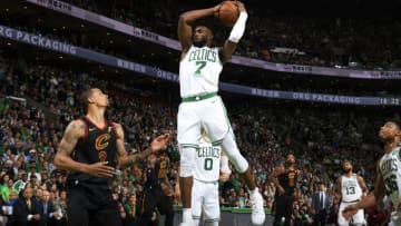 BOSTON, MA - MAY 27: Jaylen Brown #7 of the Boston Celtics handles the ball against the Cleveland Cavaliers during Game Seven of the Eastern Conference Finals of the 2018 NBA Playoffs between the Cleveland Cavaliers and Boston Celtics on May 27, 2018 at the TD Garden in Boston, Massachusetts. NOTE TO USER: User expressly acknowledges and agrees that, by downloading and or using this photograph, User is consenting to the terms and conditions of the Getty Images License Agreement. Mandatory Copyright Notice: Copyright 2018 NBAE (Photo by Brian Babineau/NBAE via Getty Images)