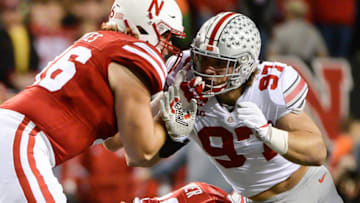 LINCOLN, NE - OCTOBER 14: Defensive lineman Nick Bosa #97 of the Ohio State Buckeyes rushes offensive lineman Brenden Jaimes #76 of the Nebraska Cornhuskers* of the Nebraska Cornhuskers at Memorial Stadium on October 14, 2017 in Lincoln, Nebraska. (Photo by Steven Branscombe/Getty Images)