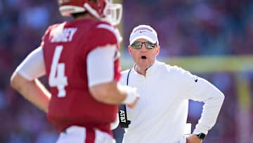 FAYETTEVILLE, AR - OCTOBER 27: Head Coach Chad Morris yells to Ty Storey #4 of the Arkansas Razorbacks in the first half of a game against the Vanderbilt Commodores at Razorback Stadium on October 27, 2018 in Fayetteville, Arkansas. The Commodores defeated the Razorbacks 45-31. (Photo by Wesley Hitt/Getty Images)