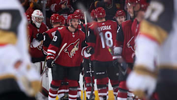 GLENDALE, ARIZONA - OCTOBER 10: Vinnie Hinostroza #13 of the Arizona Coyotes celebrates with teammates after defeating the Vegas Golden Knights in the NHL game at Gila River Arena on October 10, 2019 in Glendale, Arizona. The Coyotes defeated the Golden Knights 4-1. (Photo by Christian Petersen/Getty Images)