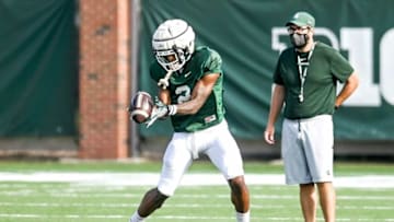Michigan State's Harold Joiner runs a drill during football camp on Tuesday, Aug. 17, 2021, on the MSU campus in East Lansing.210817 Msu Football Camp 054a