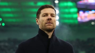 MOENCHENGLADBACH, GERMANY - JANUARY 22: Xabi Alonso, Head Coach of Bayer 04 Leverkusen, looks on prior to the Bundesliga match between Borussia Mönchengladbach and Bayer 04 Leverkusen at Borussia-Park on January 22, 2023 in Moenchengladbach, Germany. (Photo by Dean Mouhtaropoulos/Getty Images)