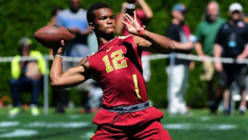 Jul 9, 2014; Beaverton, OR, USA; Vapor Carbon quarterback Kyler Murray (12) passes the ball during Nike Football